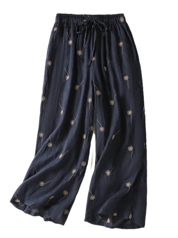 Pantalones de pierna ancha de lino y algodón con bordado pesado Retro para mujer, pantalones holgados adelgazantes informales de lino de pierna recta, pantalones de nueve piezas