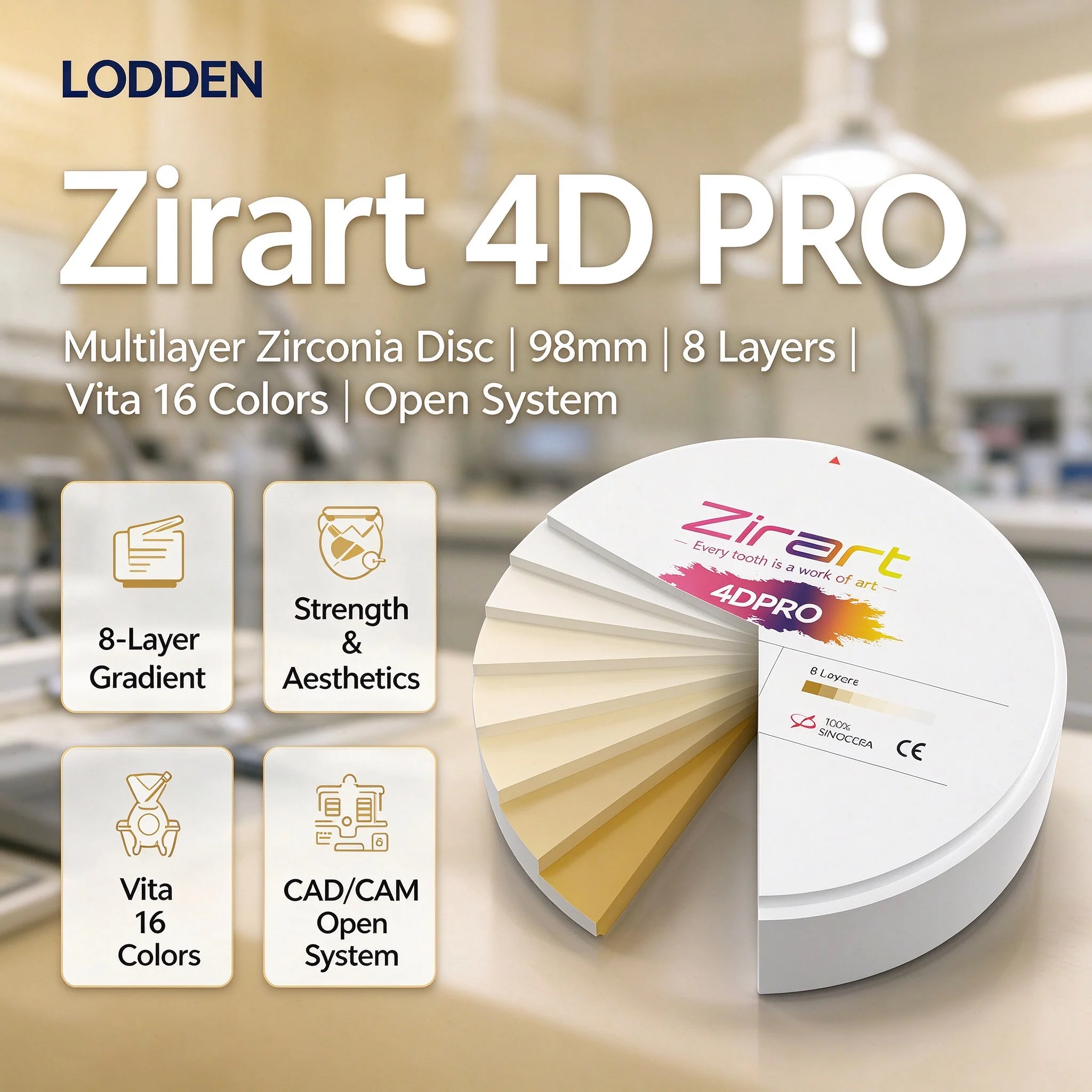 LODDEN Zirconia Block 4D PRO Multilayer Zirconia Disc CAD CAM 98mm 8 Layer Open System Vita 16 Colors Dental Lab Material