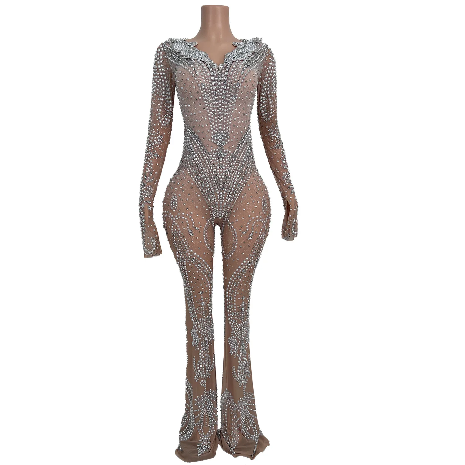 Luxury See Through Pearls Rhinestone Wide Leg Jumpsuits Women Mesh Bodycon Rompers Club Party Prom Bodysuits Festival Outfit