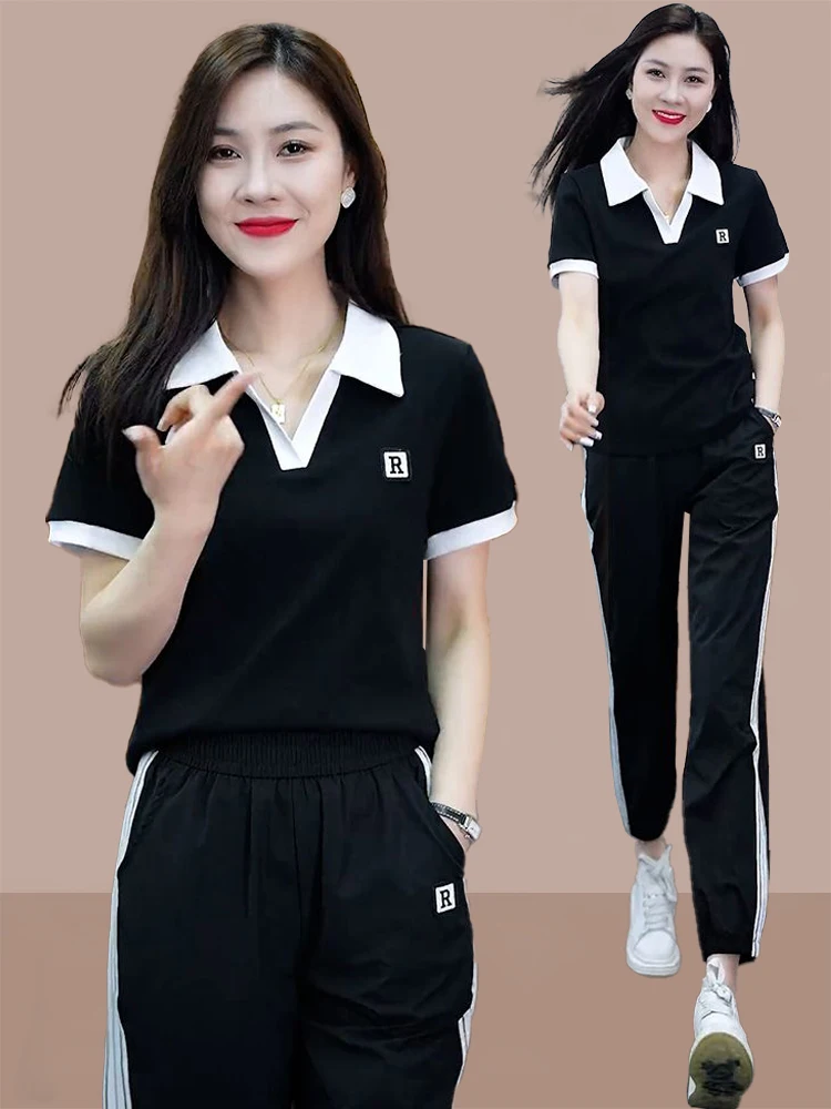 

Женский комплект спортивной одежды из чистого хлопка V-Ne, лето 2022, свободный костюм ort Sve, корейский костюм из двух предметов, повседневная одежда