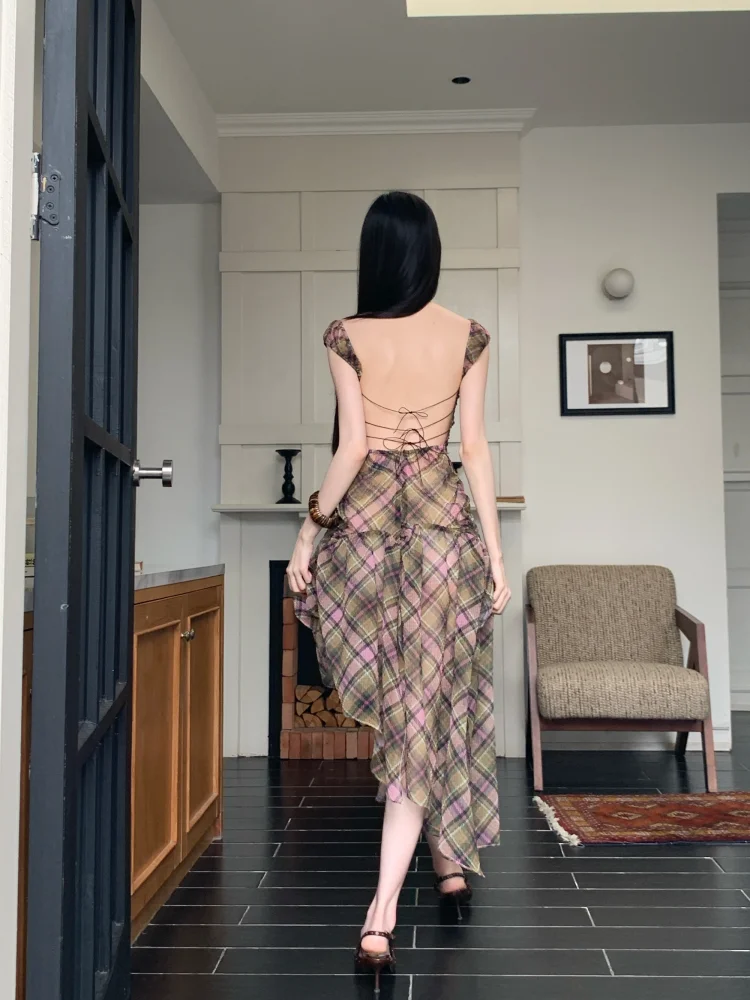 Summer Plaid Chiffon Chic Backless Sexy Sling Dress Women Elegant Bandage Casual Dress 2026 Korean Bodycon Luxury Evening Dress