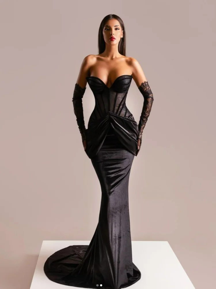 

Brand New Women Luxury Celebrity Sexy Lace Gloves Velvet Black Long Gowns Dress Elegant Trumpet Evening Party Maxi Dress
