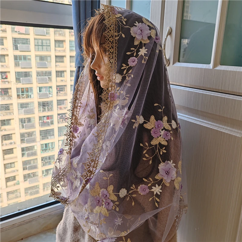 

Purple And Gold Infinity Floral Women Mantilla Veils Catholic Lilac Chapel Mass Church Head Covering Embroidered 3 D Flowers