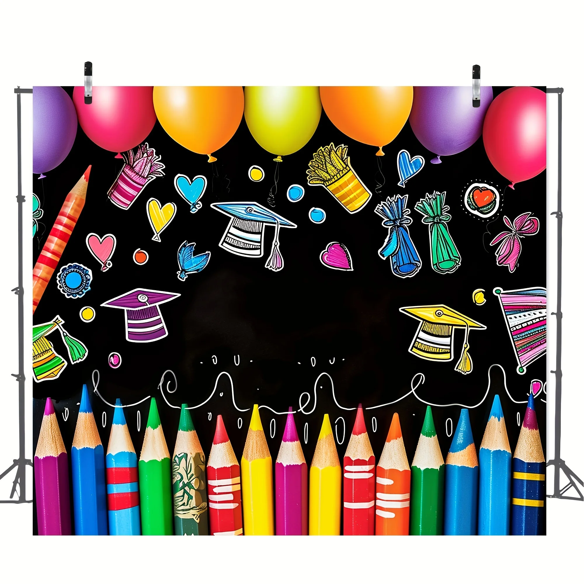 Colorful Crayon Pattern First Day Of School Backdrop-Polyester Banner For Classroom & Graduation Party Decor, Indoor/Outdoor Use