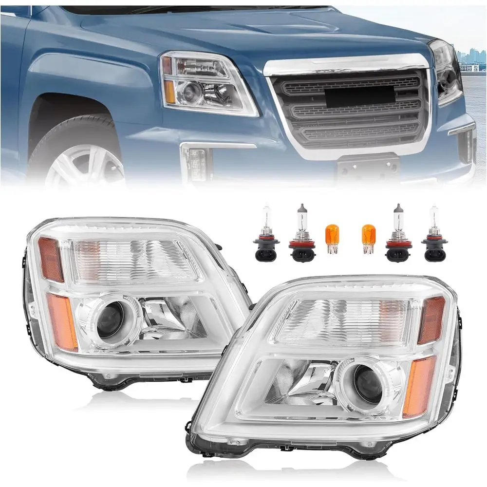 

Projector Headlights w/Bulbs Compatible with 2010-2015 GMC Terrain DRL Headlamps Assembly Halogen Clear Lens Chrome Housing Repl