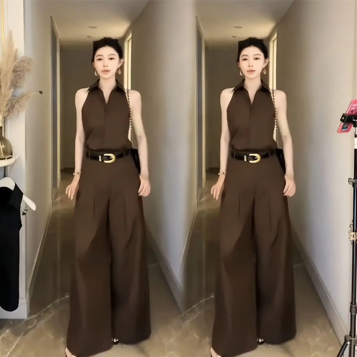 Fashionable Loose Women's Summer Shirt And Pants Set in Caramel Color Sleeveless Two-Piece Ensemble Button-Up Polyester Fiber