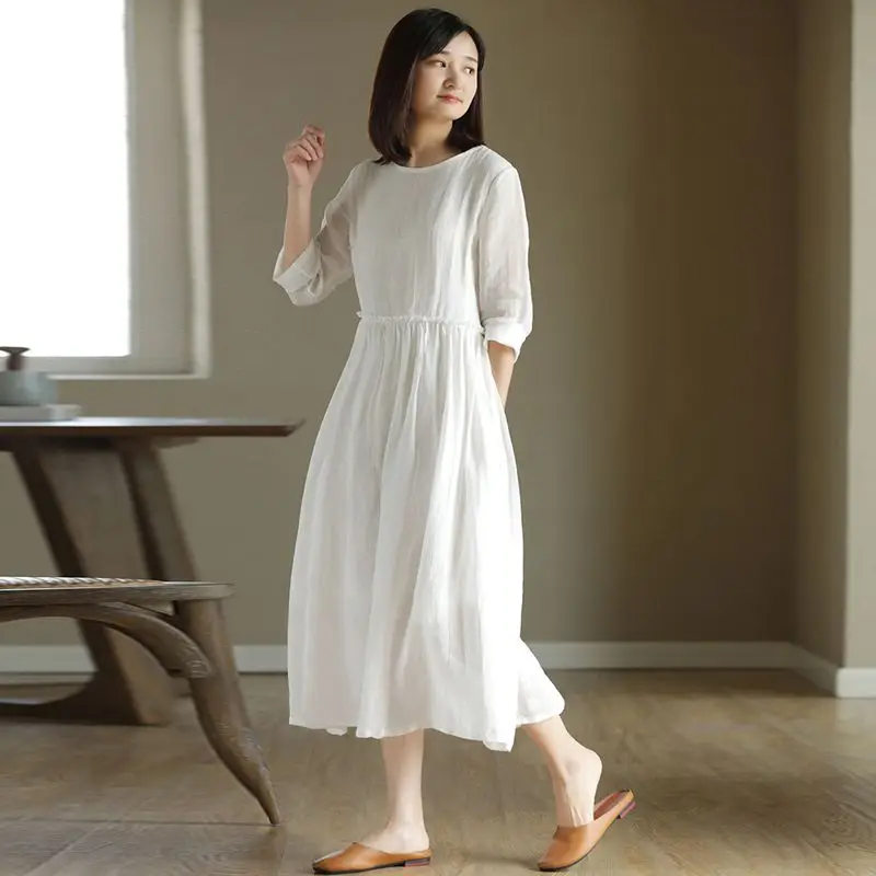 Foreign Trade Tail Goods Big Brand WomenFrench Linen Robe Loose White Mid-sleeve Cotton Linen Dress with Cut Label Dresses