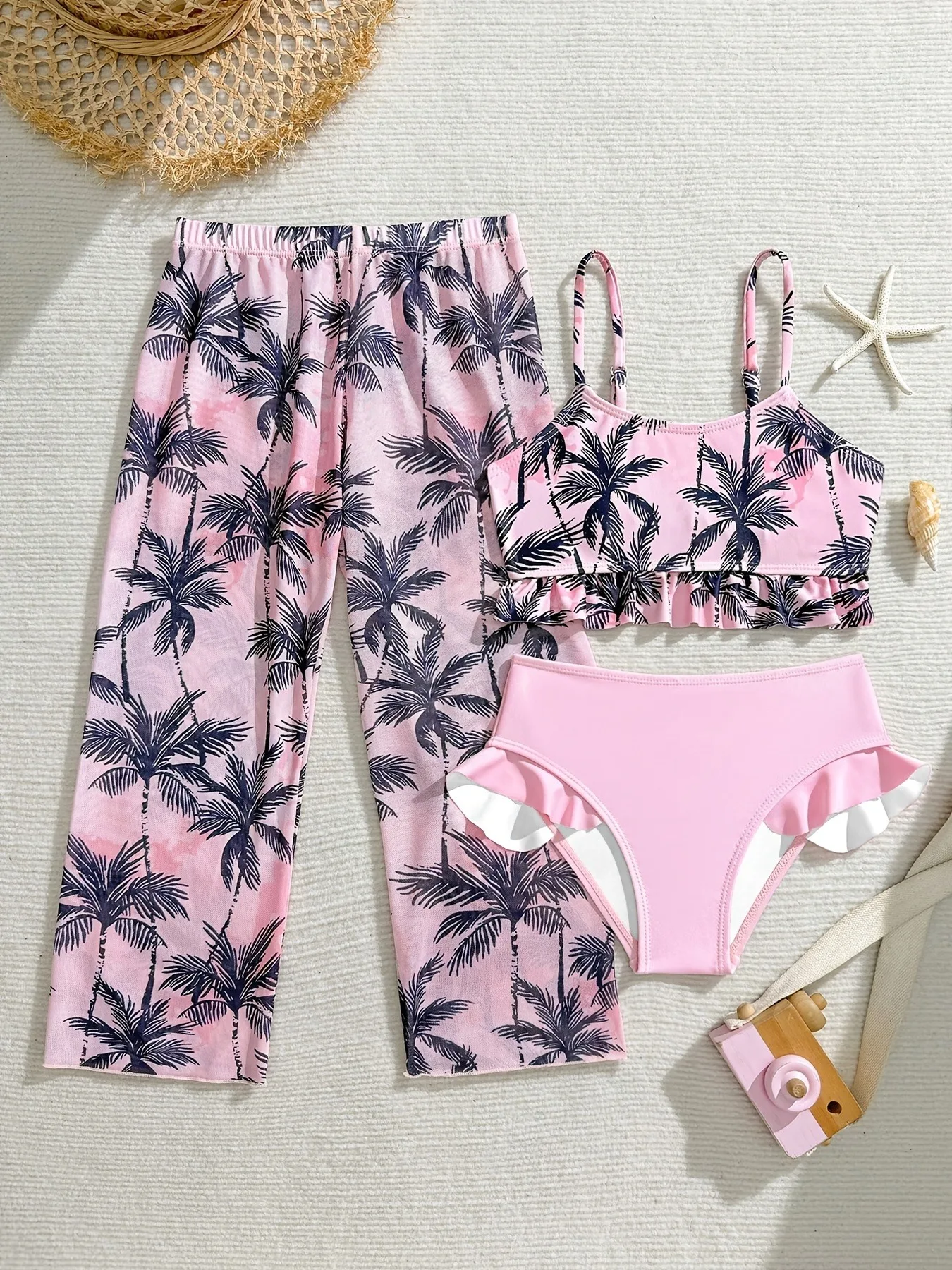 Kids Girls 3-Piece Swimsuit Set, Pink Palm Tree Print Ruffle Cami Bikini + High Waist Briefs + Cover Up Pants Beach Outfit