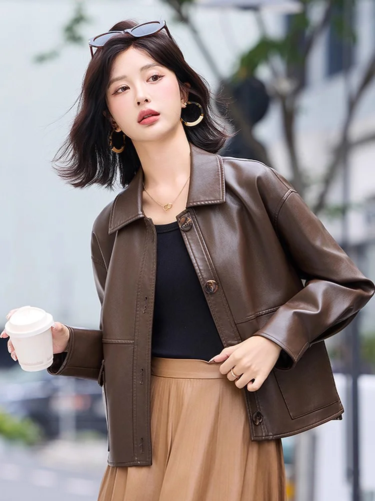 Nuovo Donne Primavera Autunno Pelle spaccata Giacca Moda Colletto risvoltato Monopetto Allentato Cappotto di pelle Casual Giacca femminile