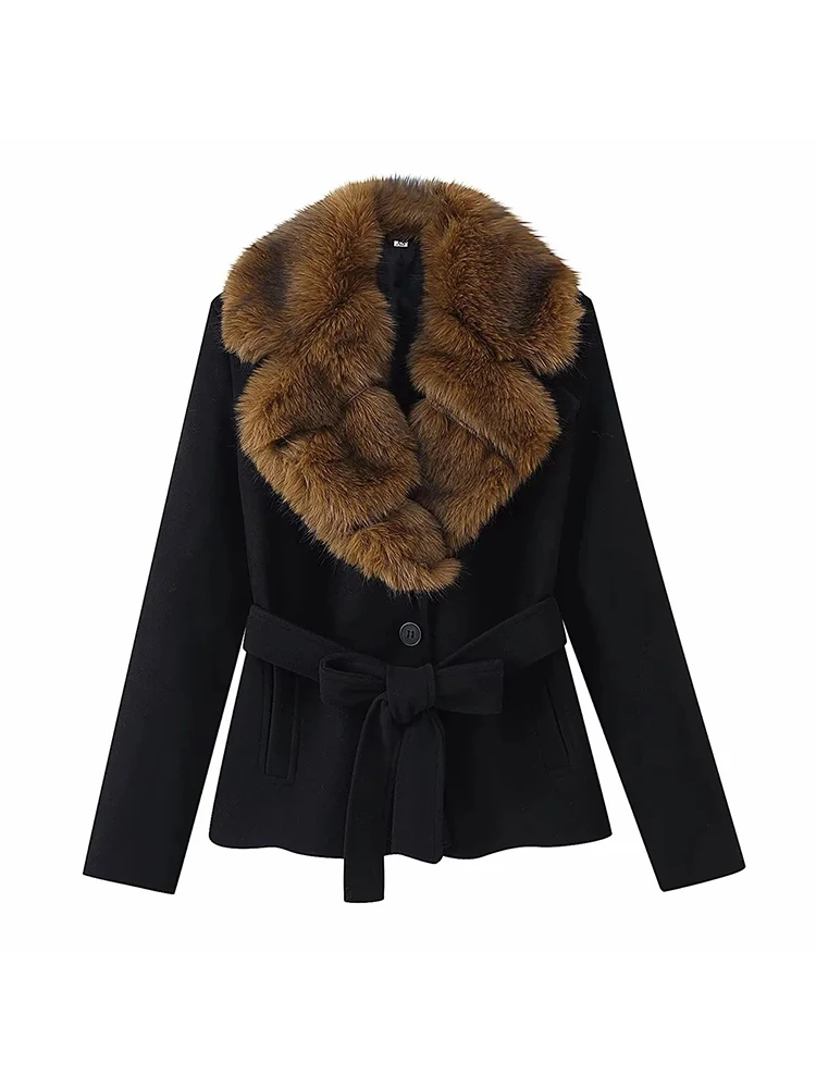 Fashion Warm Outwears Lady Women New Elegant Faux Fur Coat Women Lace Up Lapel Full Sleeves Fluffy Jackets