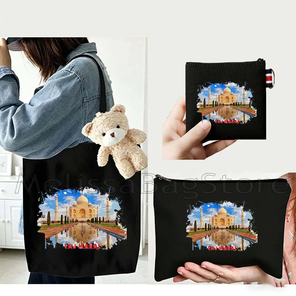 4PCS Gifts Set Taj Mahal India White Canvas Tote Bag Handbag with Doll Key Coin Purse Cosmetic Makeup Toilet Bag Case Pouch
