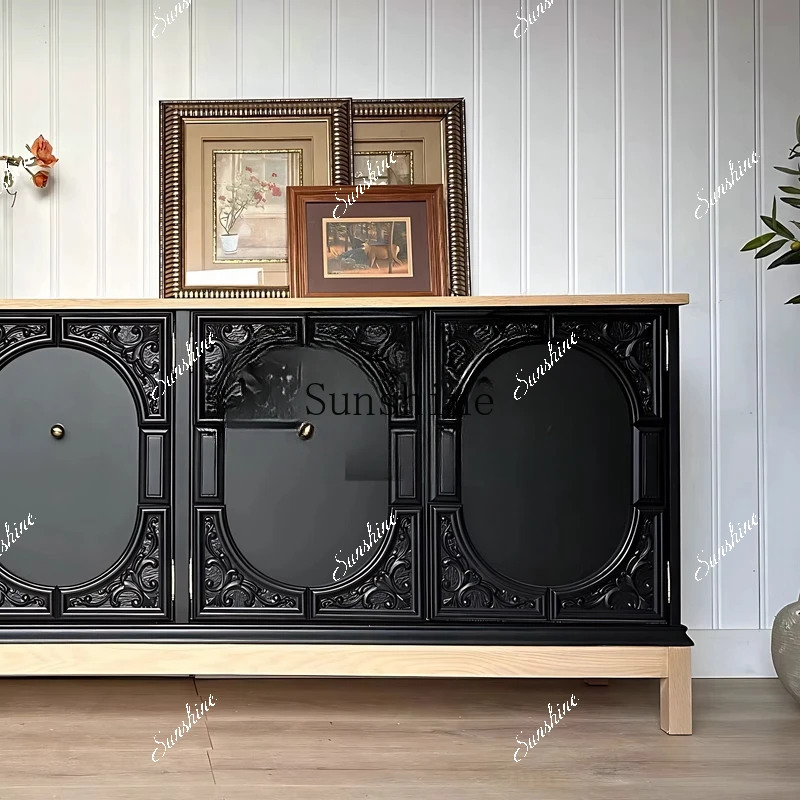 

Solid wood black carved dining edge against the wall integrated French living room tea and wine cabinet retro FT