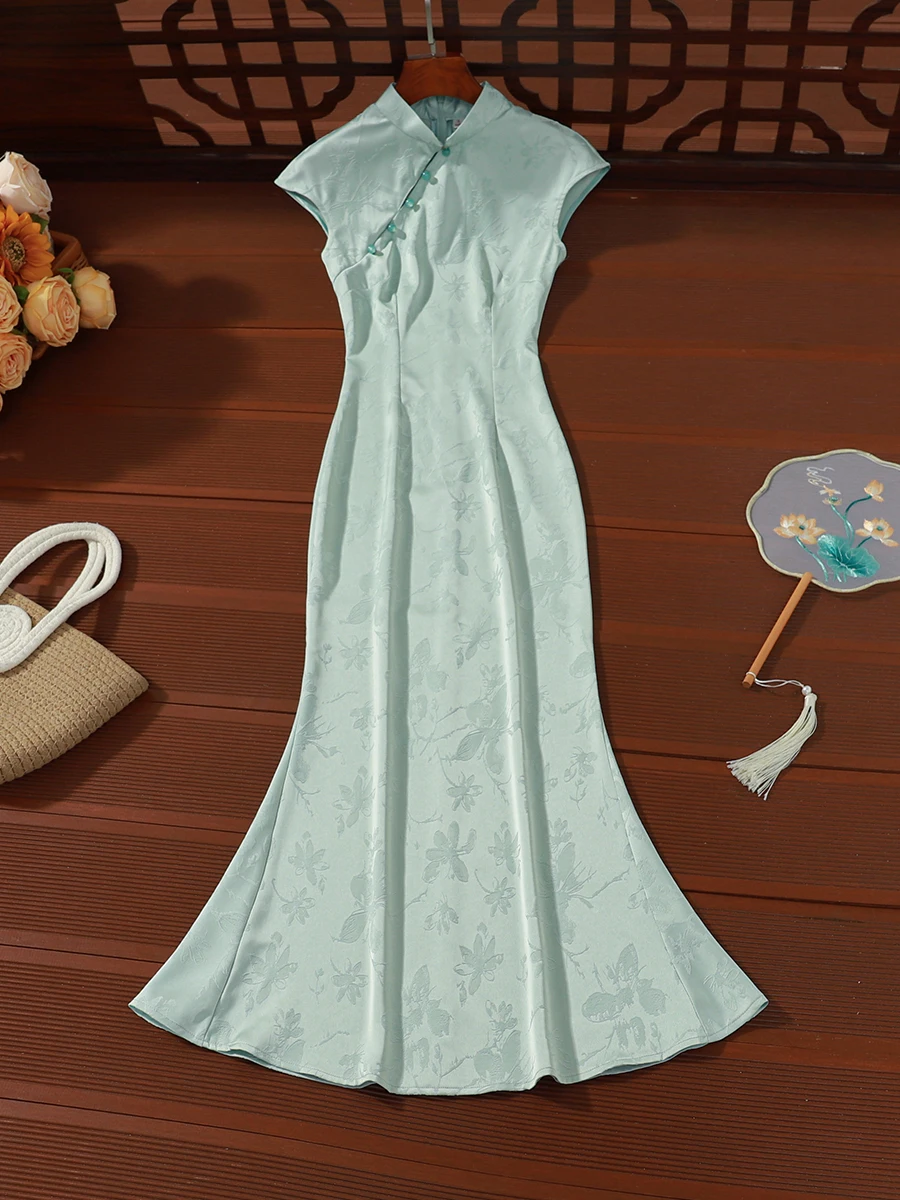 

Blue Long Tail Fish Flag Dress Jiangnan Fu Elegant Style Summer 2026 Slim Fit Waist Cinched Beautiful Daily Wear Vintage Wind