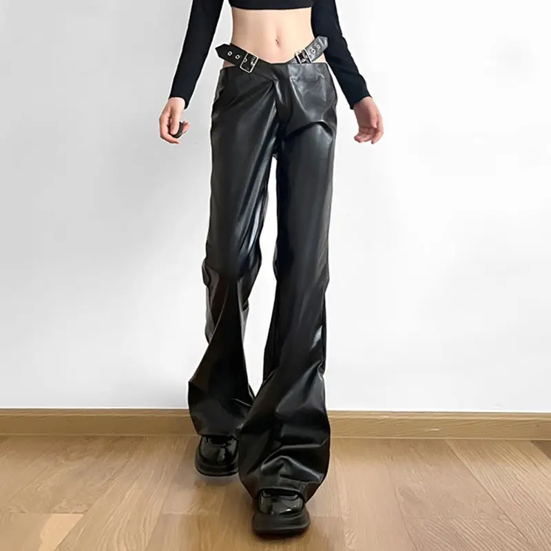 

Leather Pants Low Rise Women Baggy Straight PU Cargo Pants Punk Style Fashion Streetwear Trousers Y2k Vintage Goth Girls Pant