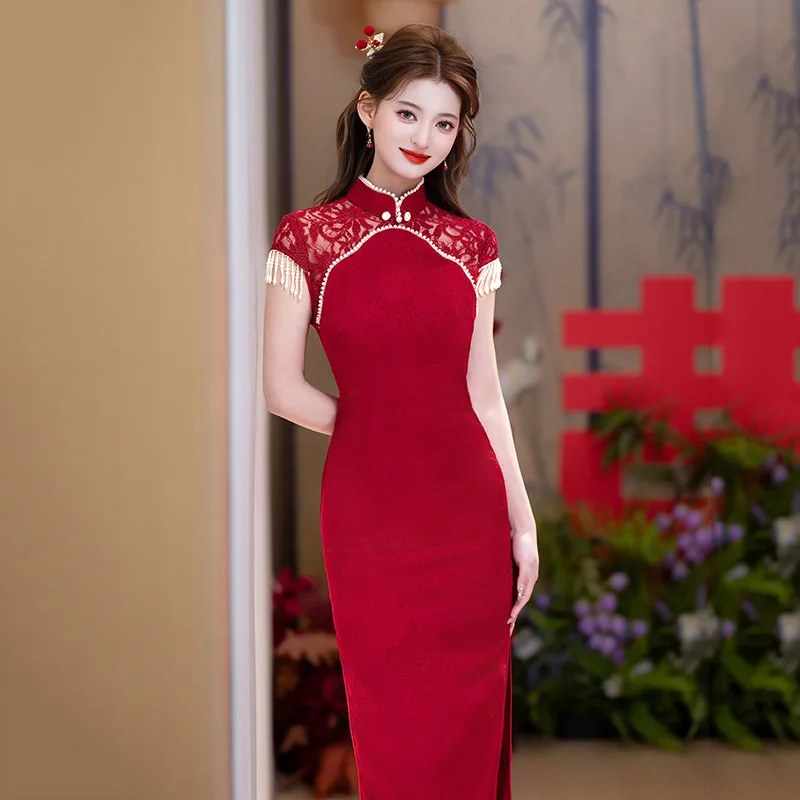 Red Lace Cheongsam Short Sleeve Improved Vintage Fishtail Dress Women Wedding Costumes Qipao S To XXXL