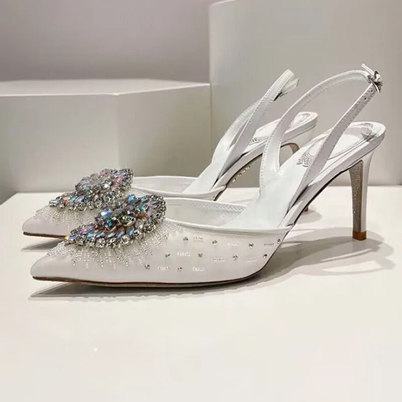 New Sandalias Rhinestone Decor Thin High Heels Wedding Shoes Women Pointed Toe Lace Gauze Sandals Summer Party Dress Shoes Pumps