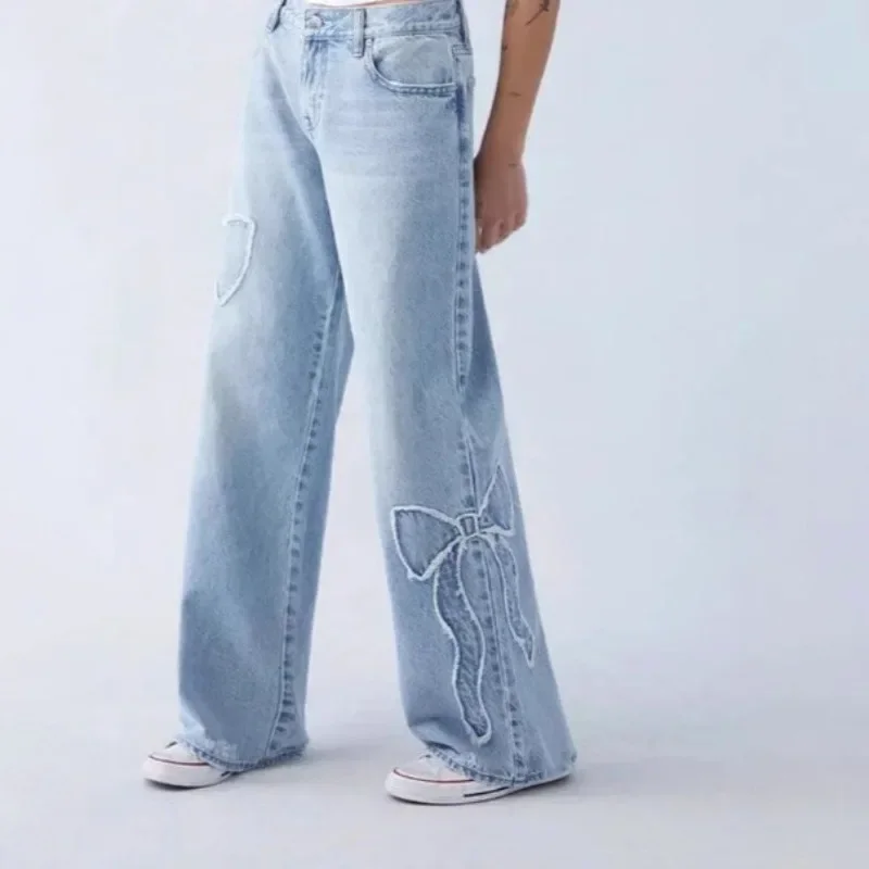 

Embroidered butterfly jeans street ladies loose straight leg pants cargo denim with side wear details