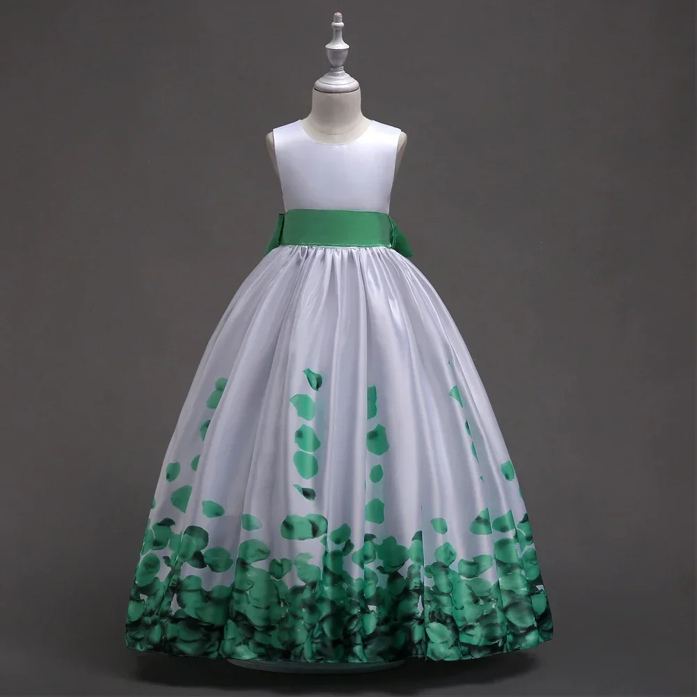 5 Colors 120cm-170cm Solid Color Girl Children Dress Sleeveless Print Princess Ball Gown Performance Party Vestidos