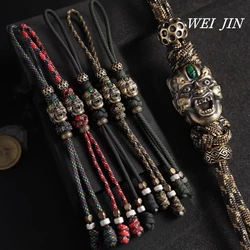 Handmade Keychains ,Woven Rope Car Key Ring,Engraved Inlaid Gem Bronze Ghost King Mask, Men Individuality Tools Trinket 23 cm