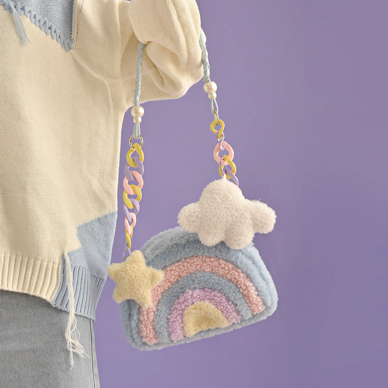 Original Cute Macaron Rainbow Plush Crossbody Bag Women Winter Unique Design Pearl Chain Bag For Girls  Sweet Lolita Style
