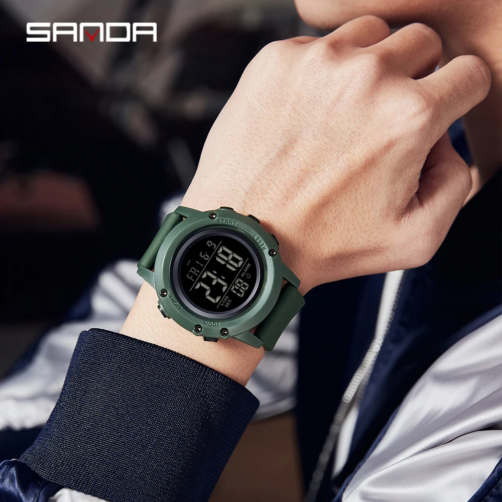 SANDA 2165 موضة طالب ساعة إلكترونية رياضية مقاوم للماء متعدد الوظائف LED العسكرية الرجال ساعة رقمية إلكترونية 2025