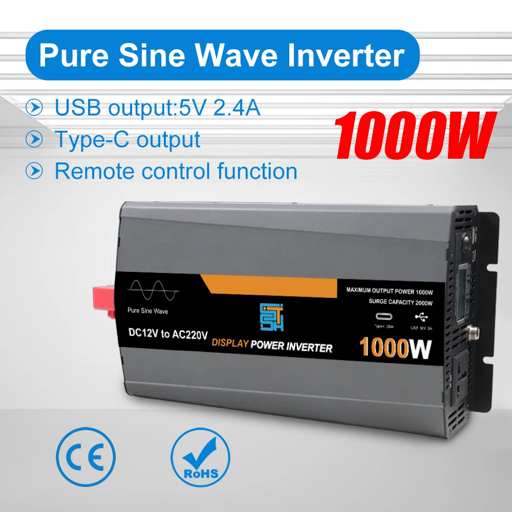 

Pure Sine Wave Car Inverter 1000W DC 12V to AC 220V Power Converter with Automatic Temperature-Controlled Cooling Fan