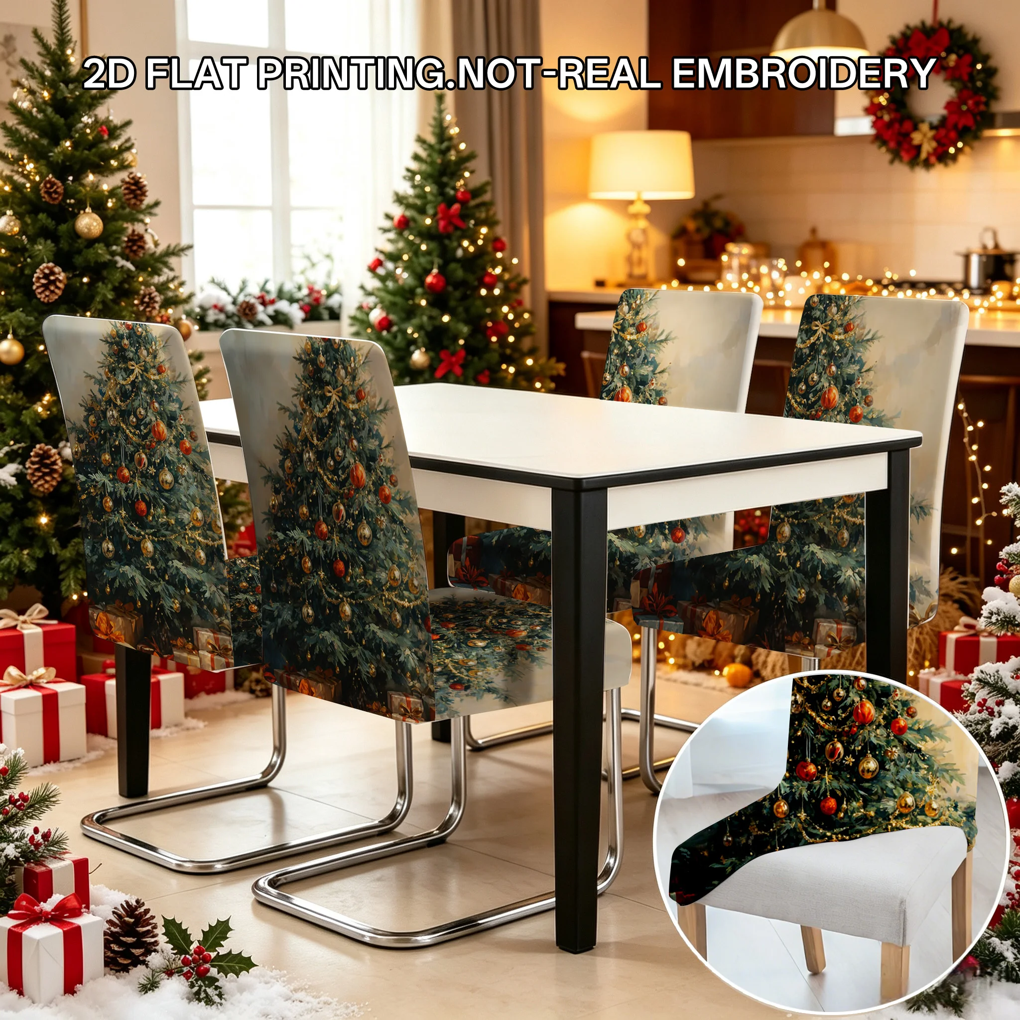 2/4/6PCS Christmas tree painting landscape elastic dining chair cover, retro winter snow town pattern Christmas decoration