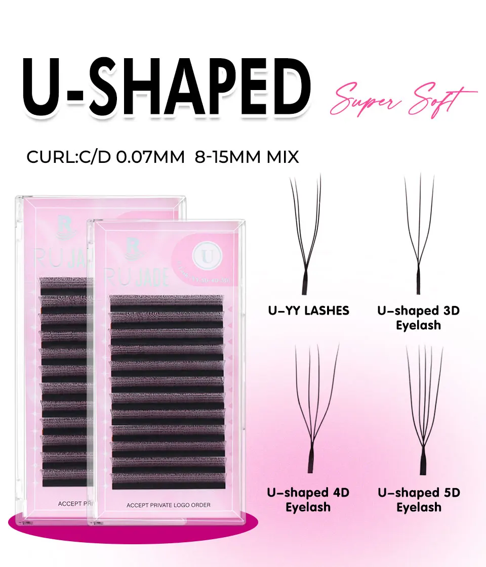 RUJADE U-förmige YY-Wimpernverlängerung, mattschwarz, natürlich, weich, U2D, U3D, U5D, W-förmige Wimpern, vorgefertigte Fächer, handgewebte Bloom-Wimpern – Detail 3