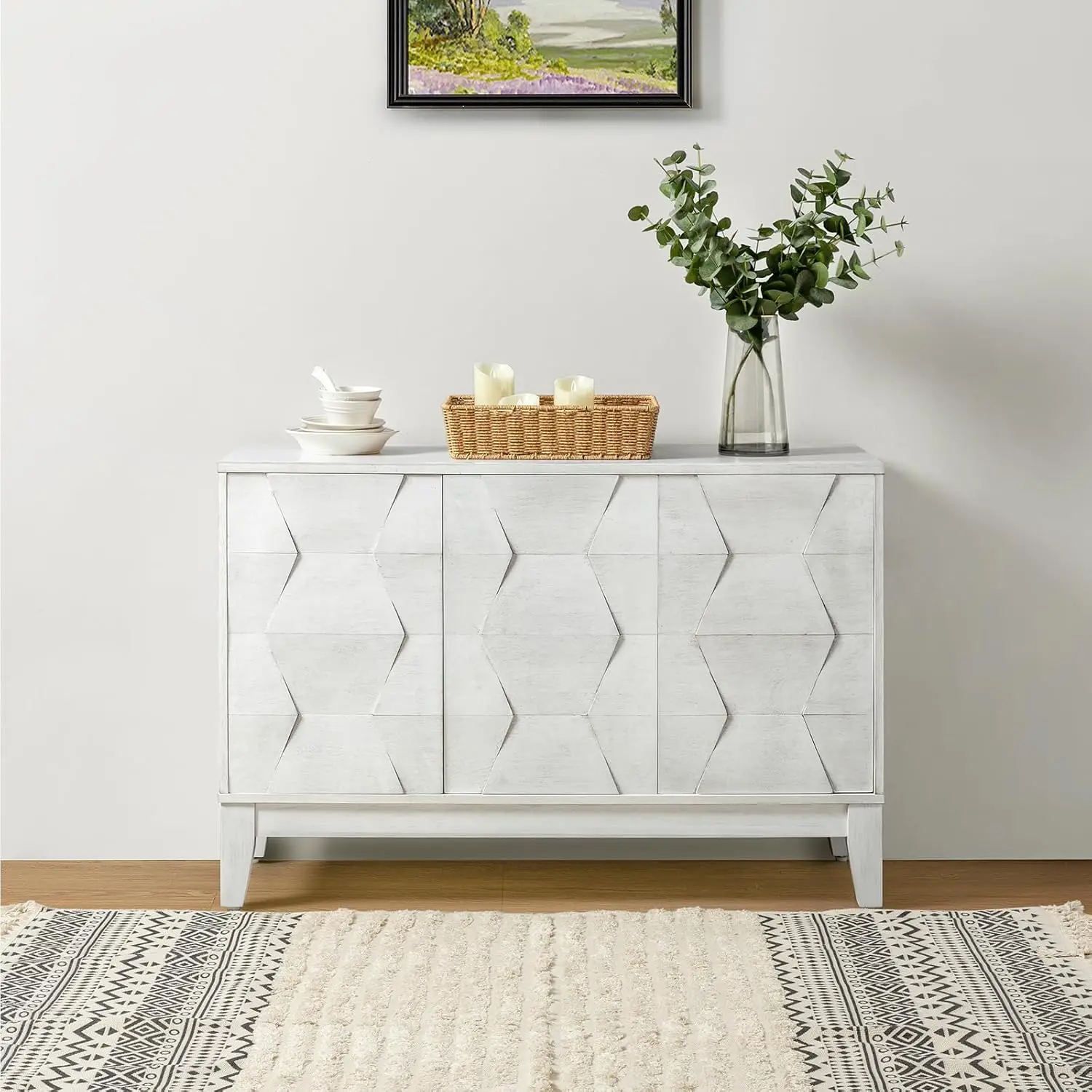 Modernes Küchen-Buffetschrank-Sideboard mit geometrischem 3D-Design, freistehender Bodenschrank mit 3 Türen