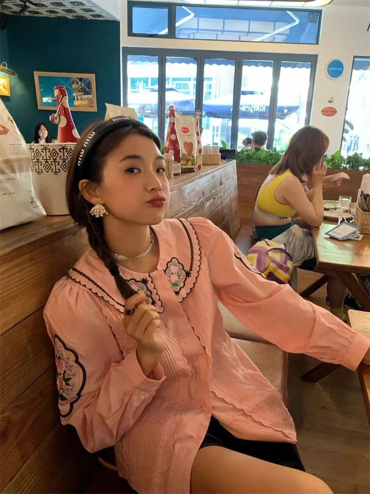 

Весна 2026: Женская рубашка Dongda Gate с длинным рукавом, вышивкой, свободного кроя, в французском стиле, повседневная, износостойкая, не требующая особого ухода