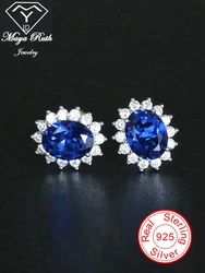 Creato Sapphire Halo Diana Princess orecchini da festa in vero argento Sterling 925 per le donne regalo femminile di forma ovale con pietre preziose blu