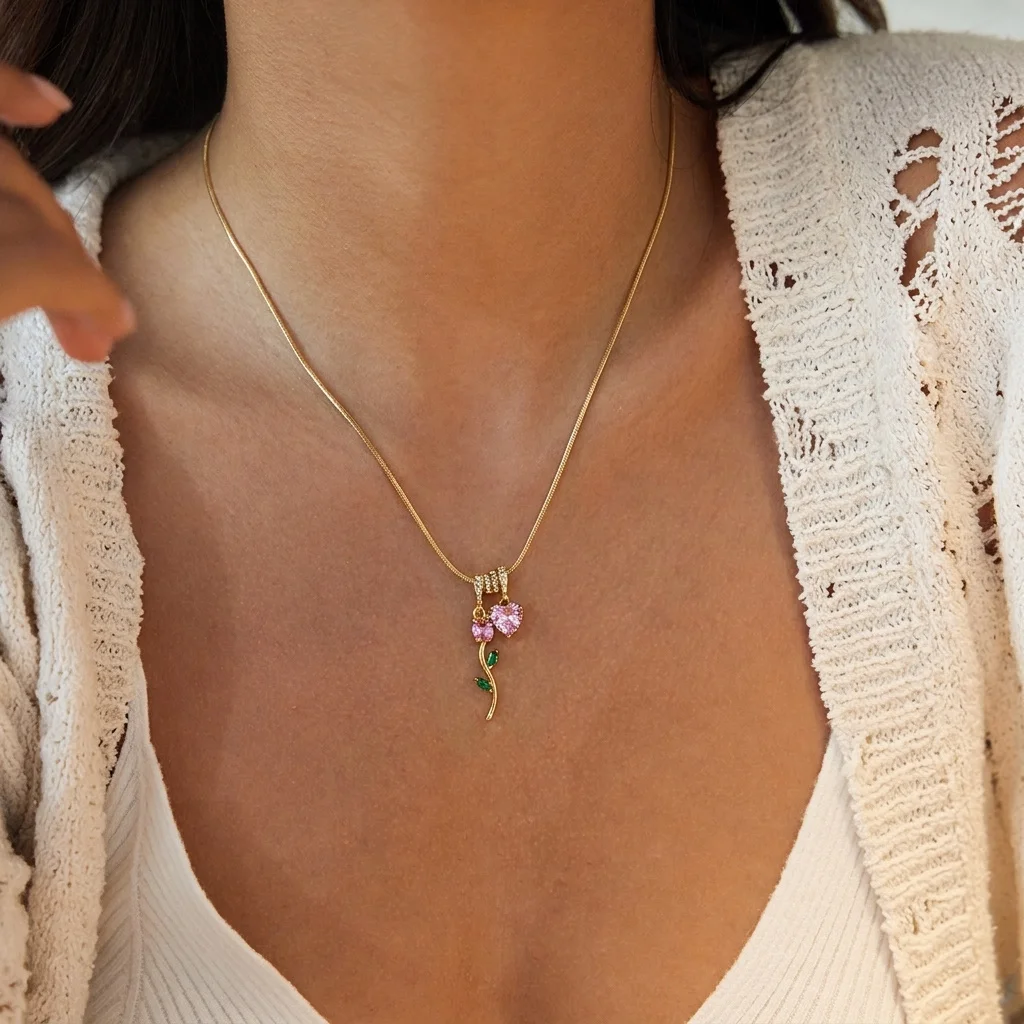 Romantic Pink Heart Zircon Necklace For Women Gold Plated Green Leaf Rose Flower Snake Chain Choker Party Valentine Jewelry Gift