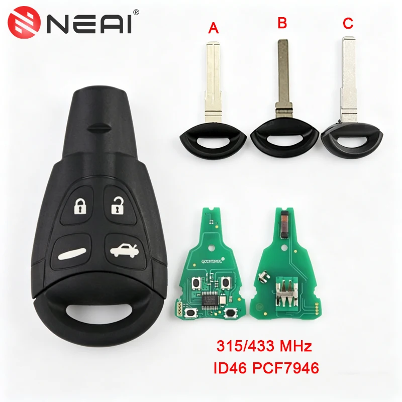 

NEAI Remote Car Key 315/434MHz ID46 PCF7946 Chip For SAAB 93 95 9-3 9-5 WF 2003-2010 LTQSAAM433TX Smart Card Fod Keyless Entry