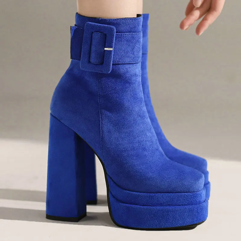 

Blue Faux Suede Leather Square Toe Big Wide Buckle Belt Fashion Double Platform Lady Gothic Shoes Block High Heels Ankle Boots