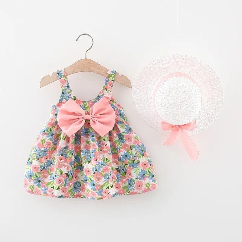 2Pcs/SetChildren\'s clothing girl\'s dress summer new Korean version suspender bow flower beach skirt with the same hat