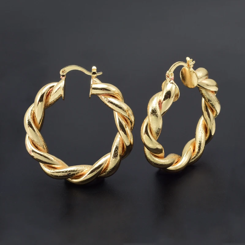 Trendy 18K Gold Plated Copper Hoop Round Earrings Rock Twist Eardrop Women Fashion Accessories Wedding Party Birthday Gift