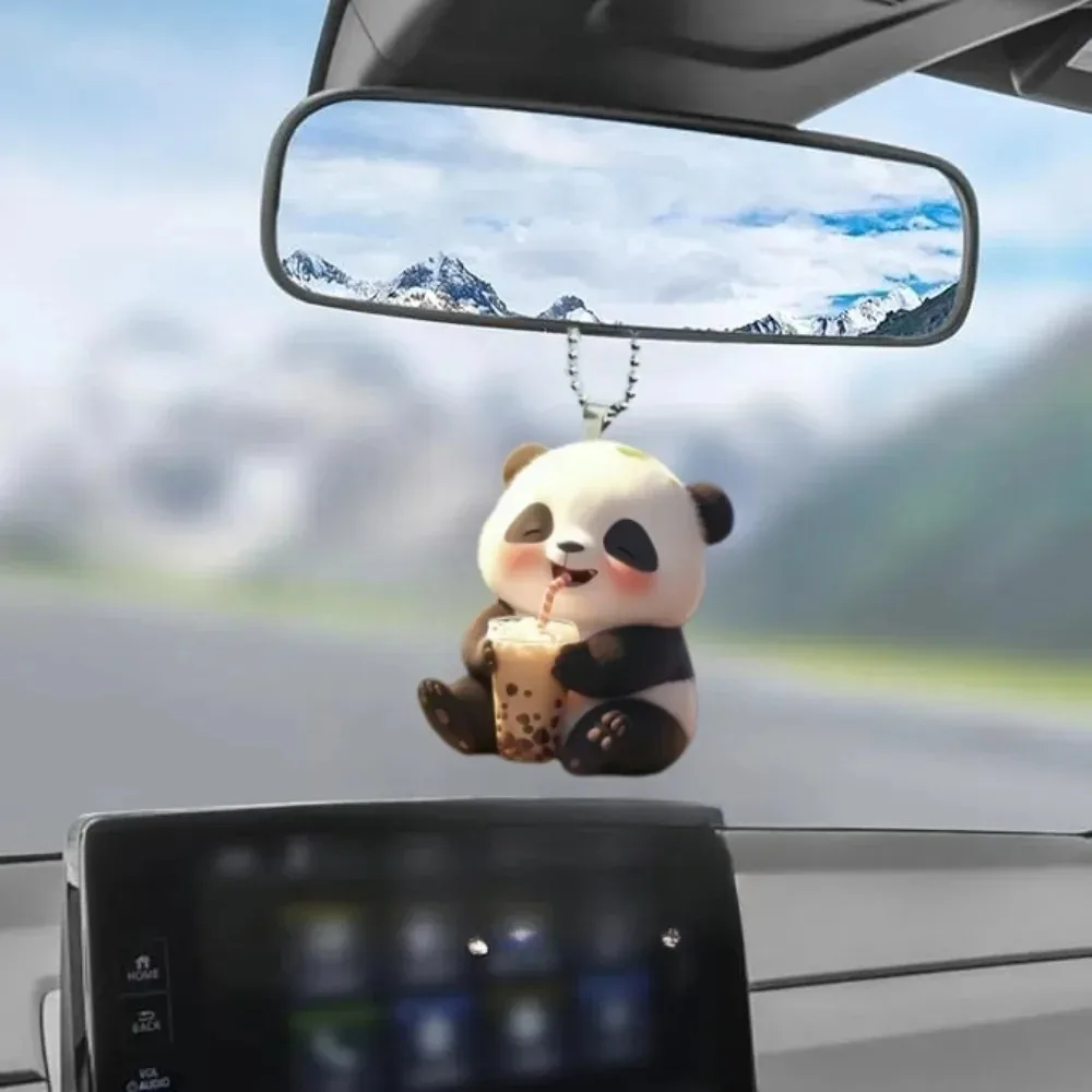 2D Flat Acrylic Panda Drinking Pearl Tea Keychain, Cartoon Animal Hanging Pendant for Car Mirror Backpack Festive Decoration