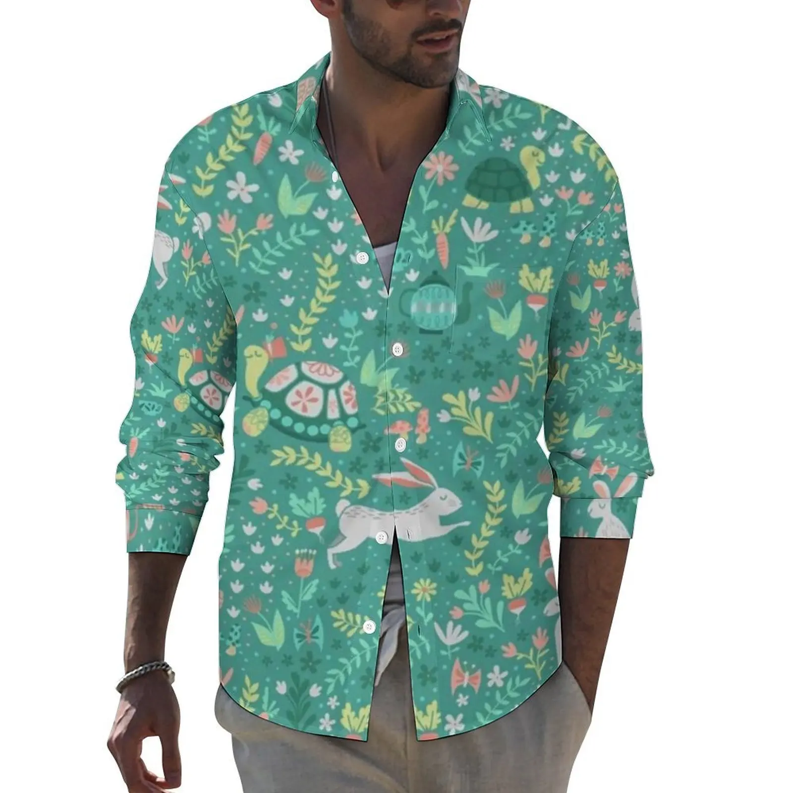 Garden Easter Shirt Autumn Bunnies and Turtles Floral Print Casual Shirts Men Cool Blouses Long Sleeve Graphic Y2K Clothing