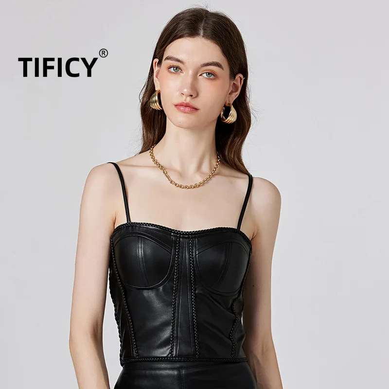 

Summer New Pu Tank Women's Fashionable and Sexy Patchwork PU Leather Camisole and Slim Fit Elastic Leather Tanks Crop Top