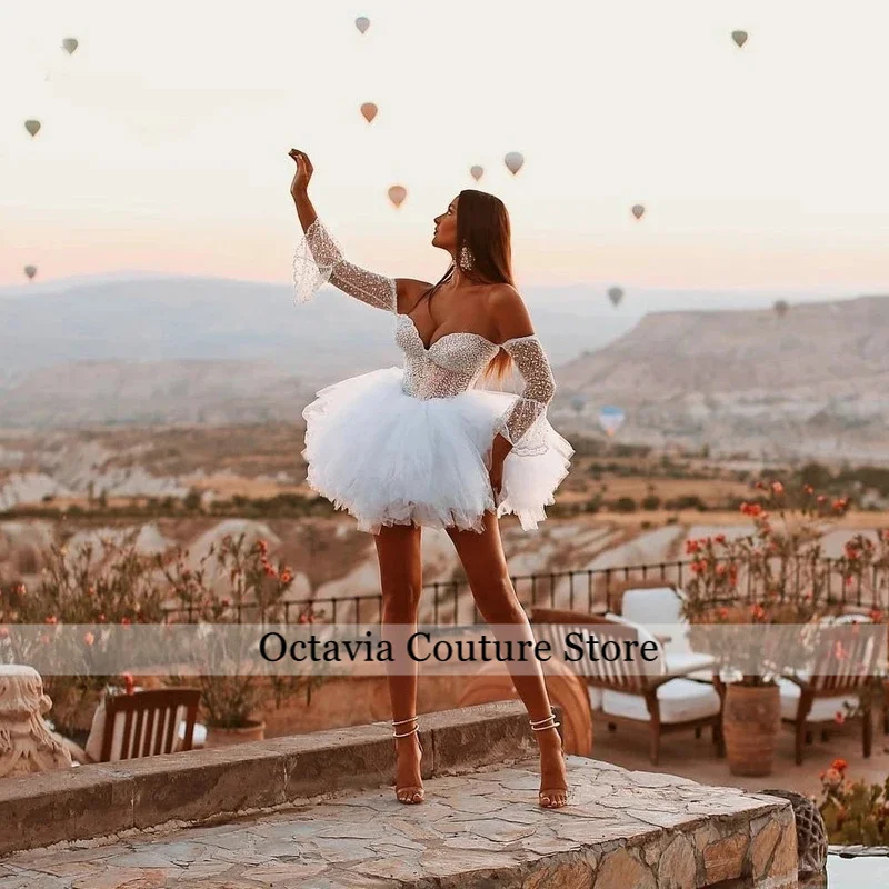 Short Above Knee Strapless Wedding Dresses for Bride 2023 Sweetheart Corset Sparkling White Swan Bridal Gowns Vestidos De Novia
