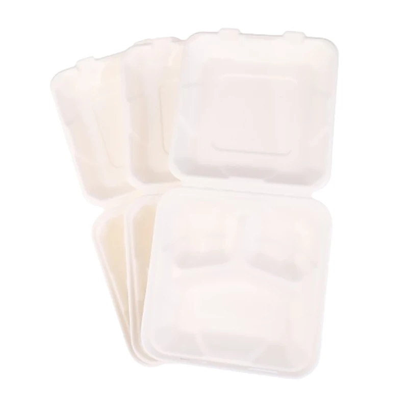 Compostable Disposable 10 Pack 3 Compartment Takeout Lunch Box Containers With Lid To Go Take Out Clamshell For Food