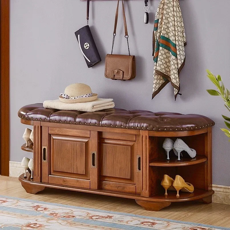 American Solid Wood Shoe Changing Stool Can Be Accommodated In A Seated Shoe Cabinet With Integrated Leather For Home Use