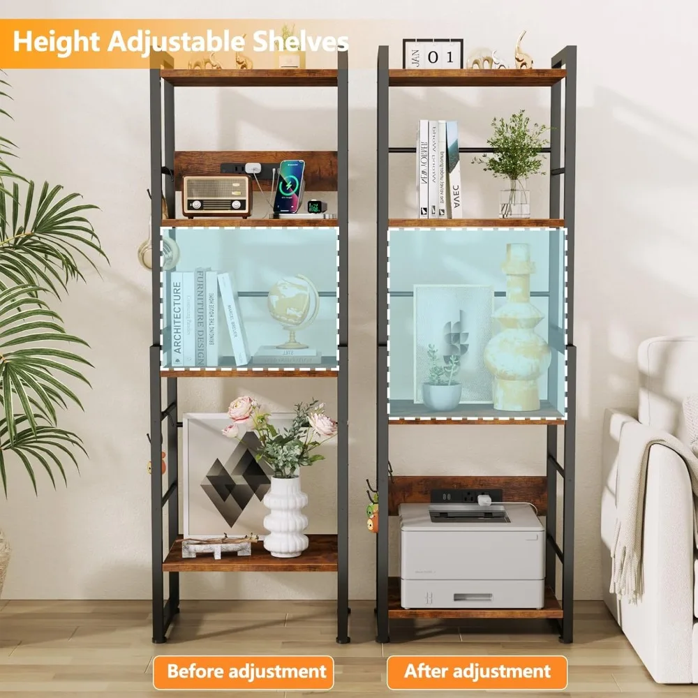 4-storey high bookshelf with charging station and 2 hooks, stackable storage shelf, living room, bedroom, home office