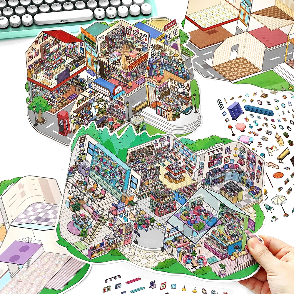

Cartoon Miniature Scene 3D Landscaping Stickers DIY Cabin Scene Stacking and Pasting Hand Account Cute Gift