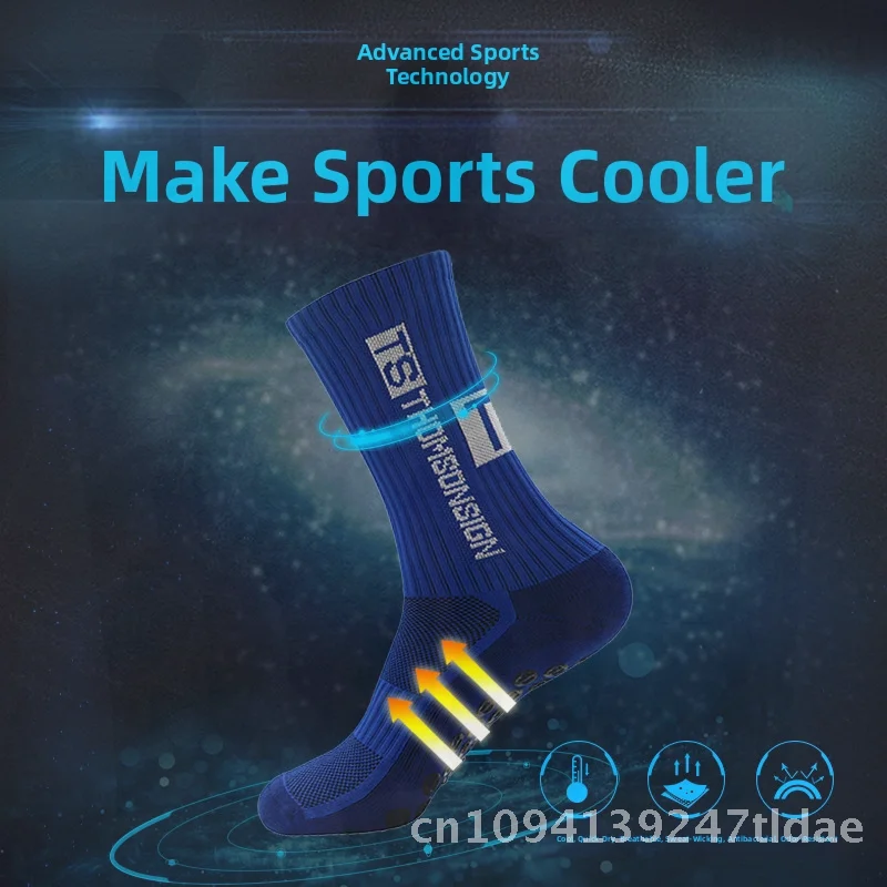 Calcetines de fútbol antideslizantes a media pantorrilla para adultos, calcetines deportivos de competición de entrenamiento con parte inferior de toalla gruesa para hombre con logotipo, azul, negro y rojo