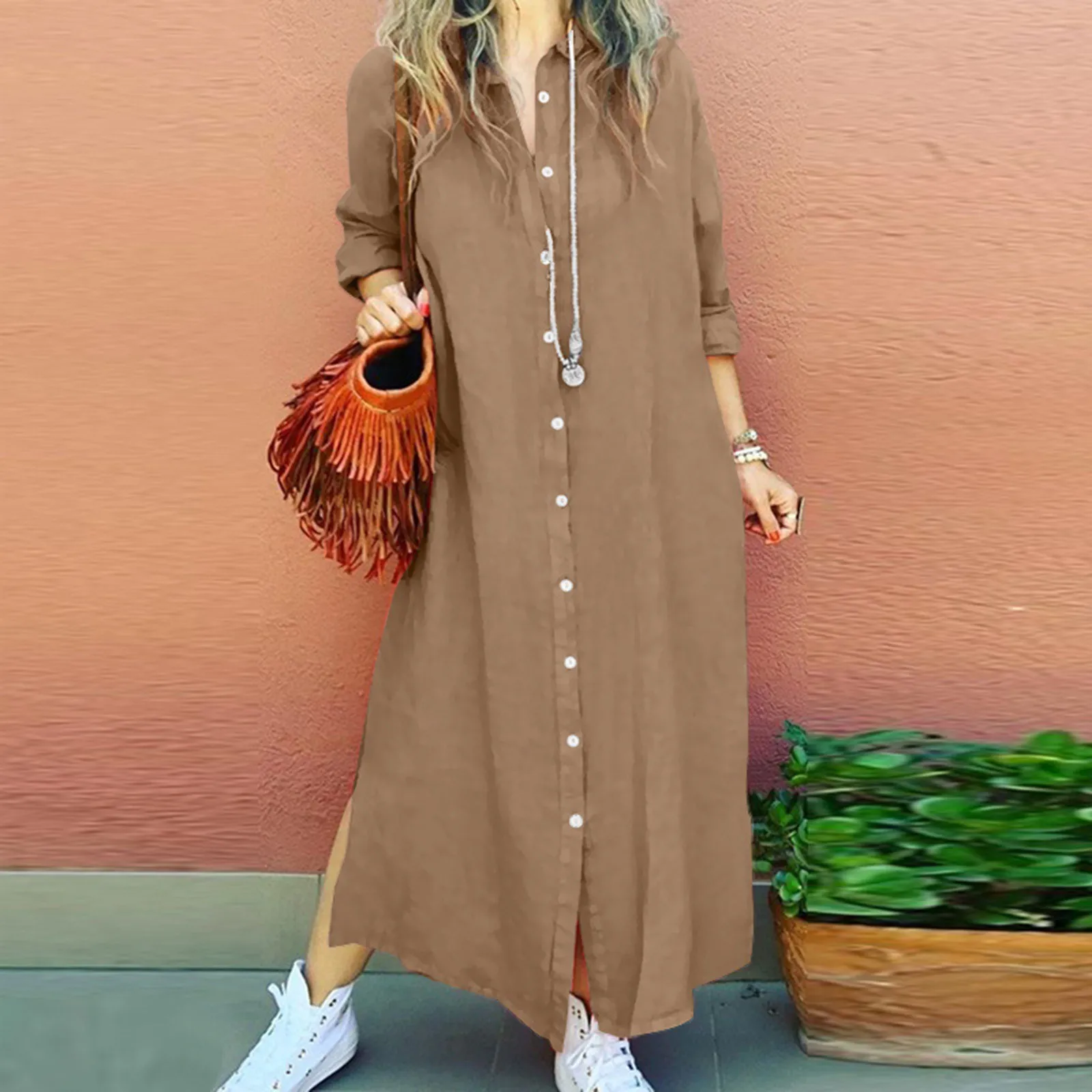 Summer Shirt Long Dress Women Casual Long Sleeve Side Split Button Dresses 2023 Female Elegant Solid Color Pocket Loose Dresses