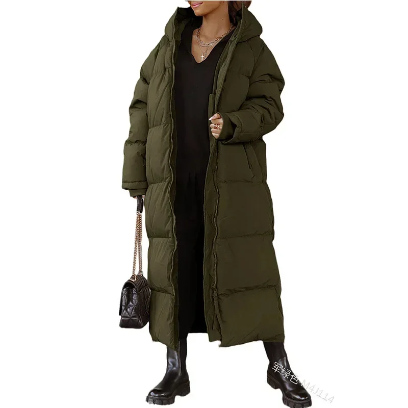 Hooded Solid Color Long Cotton Coat Fashion Casual Zipper Long Sleeve Women\'s Coat