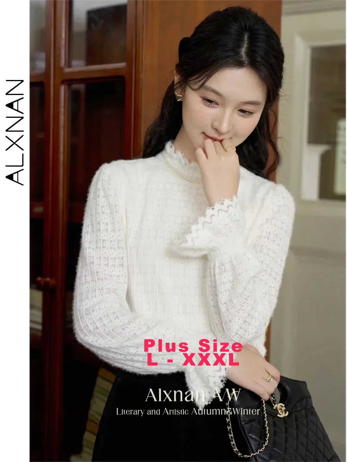 ALXNAN Women's Lace Fleece Plus Size Blouses Agaric Half High Collar Long Sleeve Loose Shirt Winter New Warm Inner Tops D08532SY