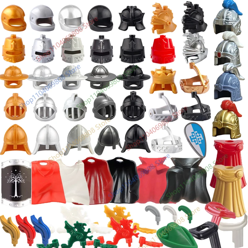 Moc bloco de construção cavaleiro medieval soldado romano acessório capacete headwear chama pena preto águia escudo rei manto tijolo brinquedo