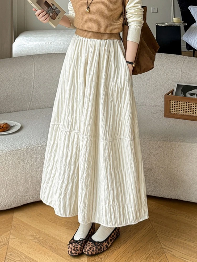 

REALEFT Autumn Winter Vintage Thicken Cotton Women's Umbrella Skirts Pocket Long Sleeve Korean Casual Loose A-line Skirts Female